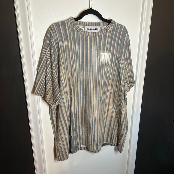 Tru Kolors Men's Blue Tan Vertical Striped Logo Short Sleeve Tee Size XXL - Picture 2 of 8